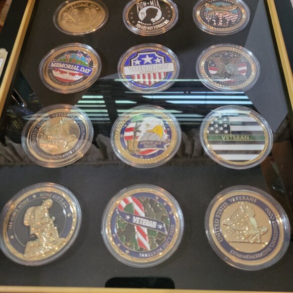 12PC DISPLAY OF VARIOUS CHALLENGE COINS ALL WITH COA'S - Picture 1 of 3